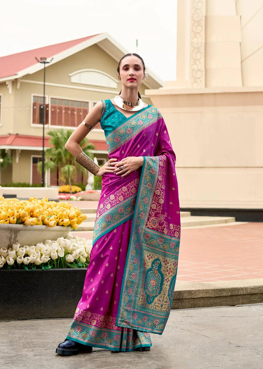 Rani Pink Pure Banarasi Silk Saree with Zari Weaving & Contrast Border