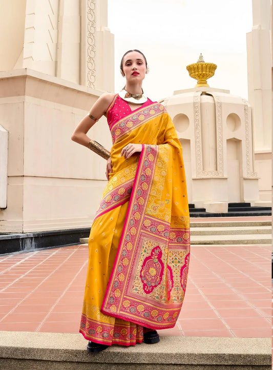 Yellow  Pure Banarasi Silk Saree with Zari Weaving & Contrast Border