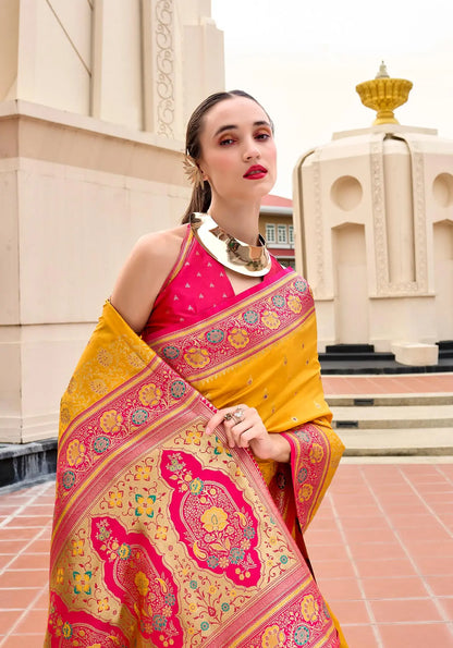 Yellow  Pure Banarasi Silk Saree with Zari Weaving & Contrast Border