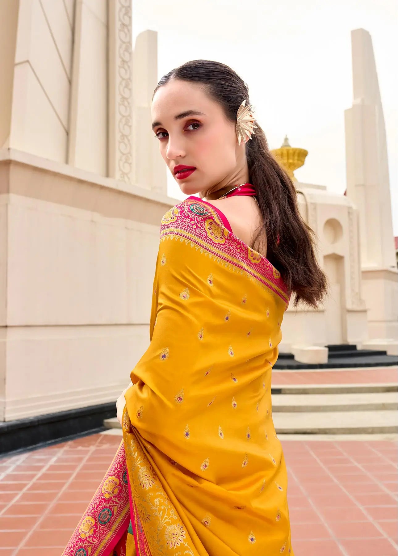 Yellow  Pure Banarasi Silk Saree with Zari Weaving & Contrast Border