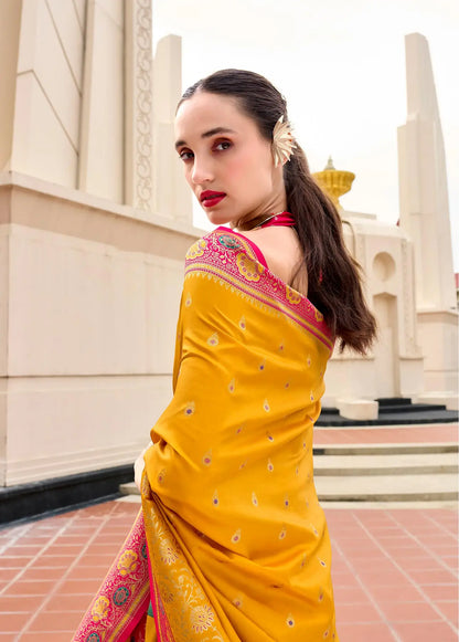 Yellow  Pure Banarasi Silk Saree with Zari Weaving & Contrast Border