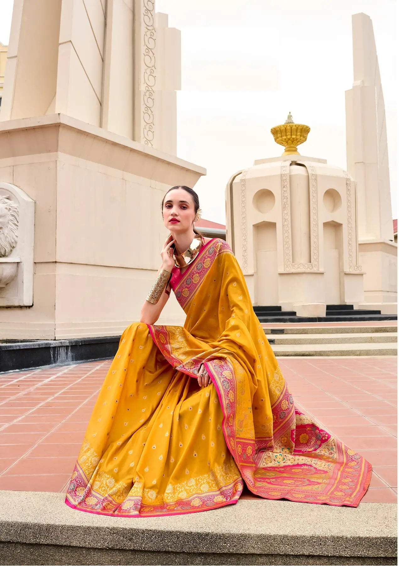 Yellow  Pure Banarasi Silk Saree with Zari Weaving & Contrast Border