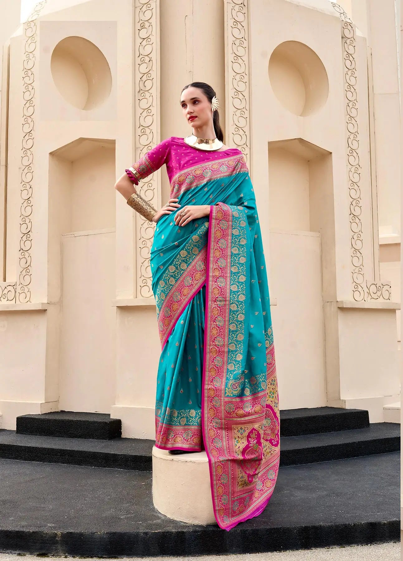 Teal Blue Pure Banarasi Silk Saree with Zari Weaving & Contrast Border