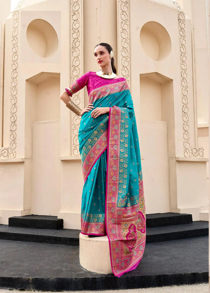 Teal Blue Pure Banarasi Silk Saree with Zari Weaving & Contrast Border