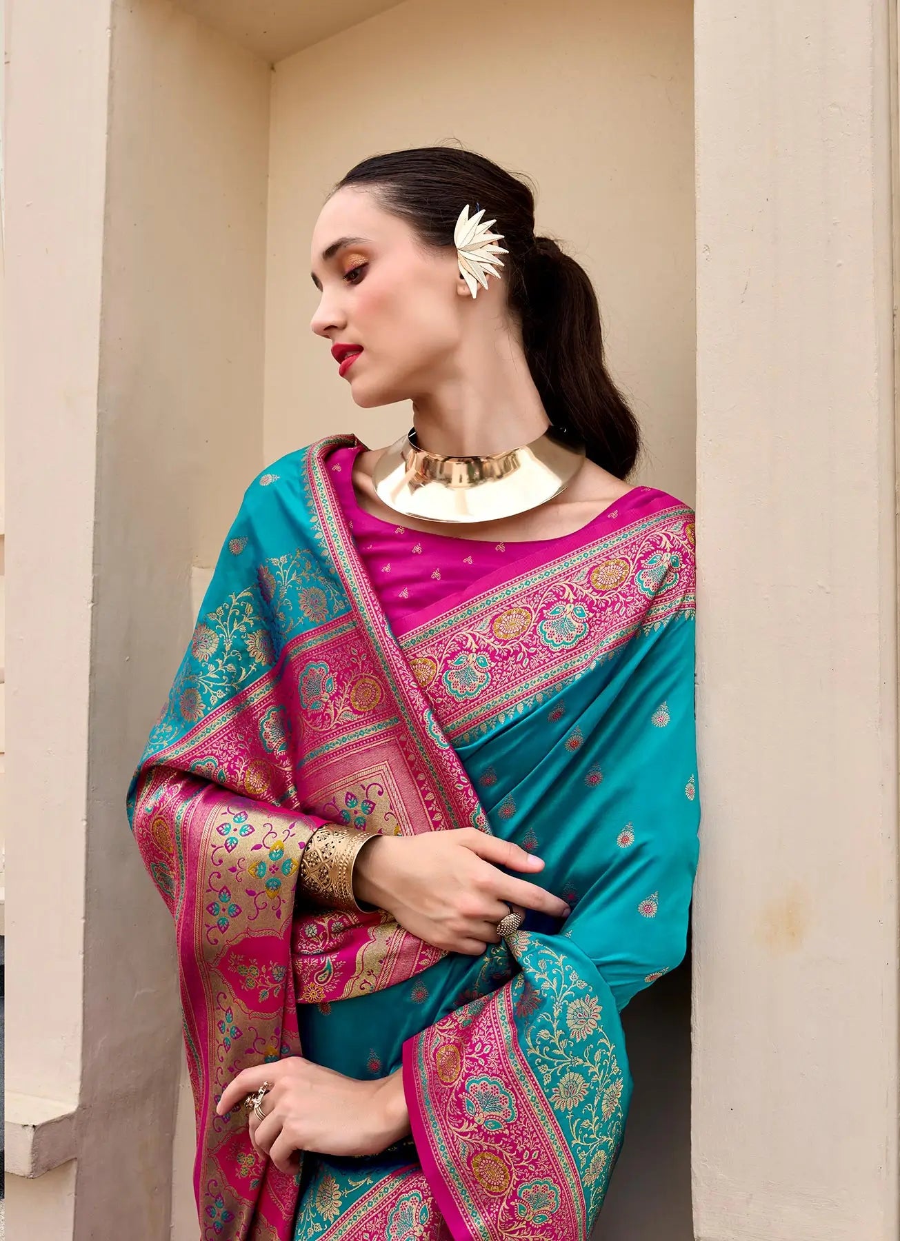Teal Blue Pure Banarasi Silk Saree with Zari Weaving & Contrast Border