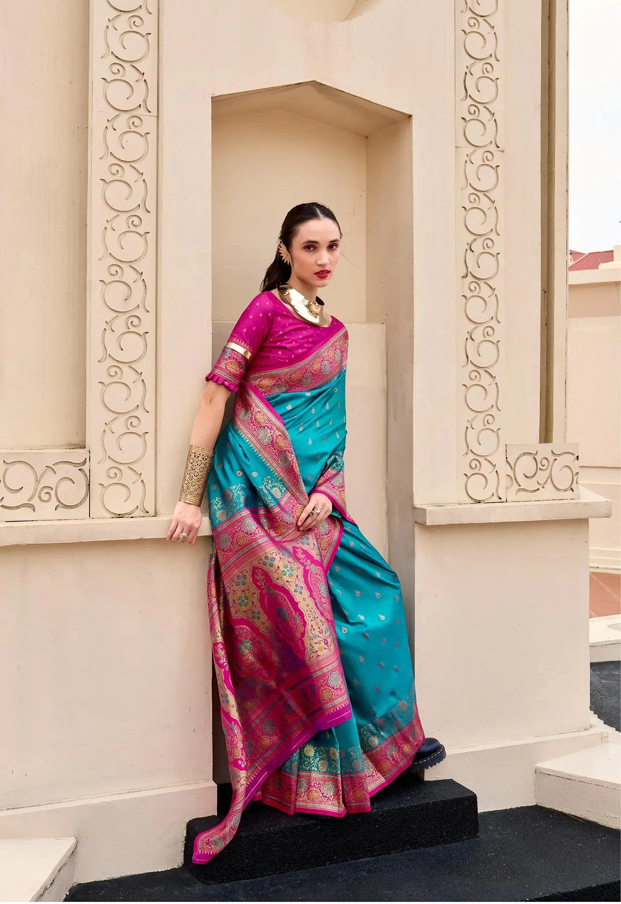 Teal Blue Pure Banarasi Silk Saree with Zari Weaving & Contrast Border