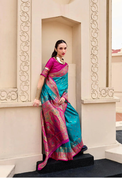 Teal Blue Pure Banarasi Silk Saree with Zari Weaving & Contrast Border