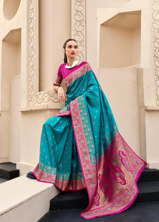 Teal Blue Pure Banarasi Silk Saree with Zari Weaving & Contrast Border
