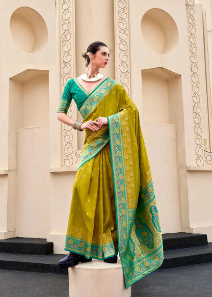 Yellow Pure Banarasi Silk Saree with Zari Weaving & Contrast Border
