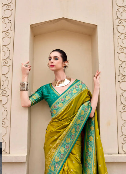 Yellow Pure Banarasi Silk Saree with Zari Weaving & Contrast Border