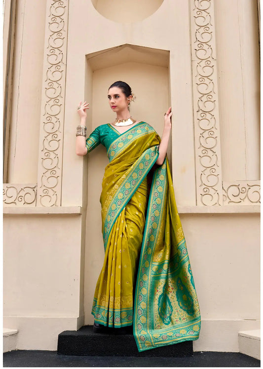 Yellow Pure Banarasi Silk Saree with Zari Weaving & Contrast Border