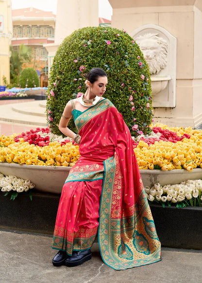 Red  Pure Banarasi Silk Saree with Zari Weaving & Contrast Border