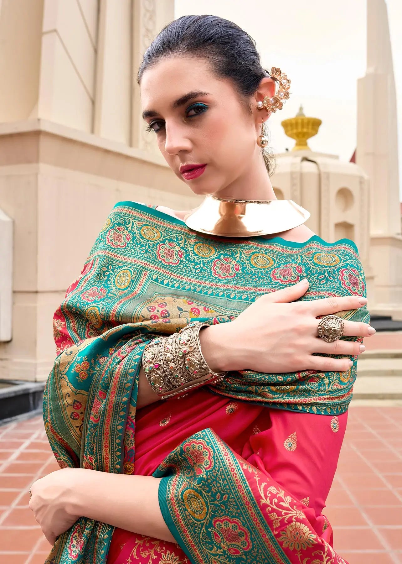 Red  Pure Banarasi Silk Saree with Zari Weaving & Contrast Border
