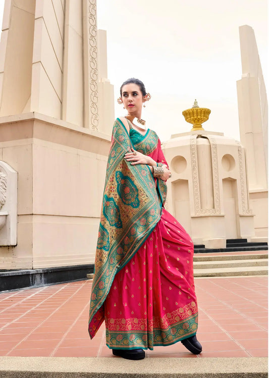 Red  Pure Banarasi Silk Saree with Zari Weaving & Contrast Border