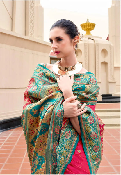 Red  Pure Banarasi Silk Saree with Zari Weaving & Contrast Border