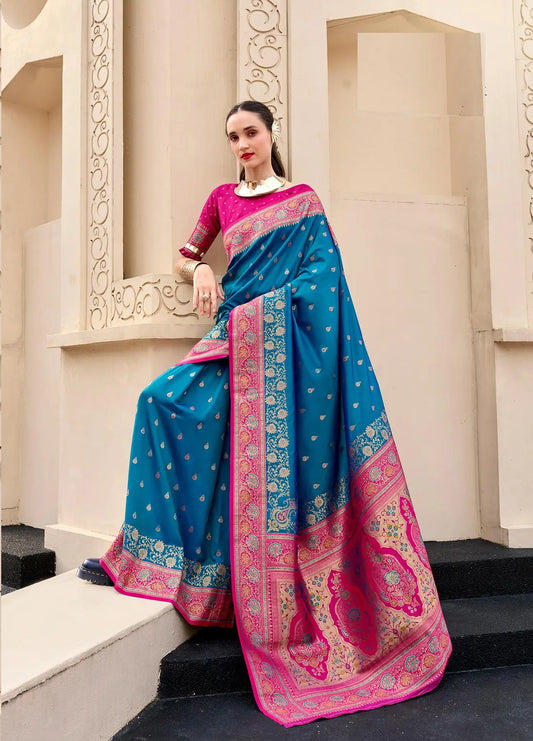 Dark Blue Pure Banarasi Silk Saree with Zari Weaving & Contrast Border