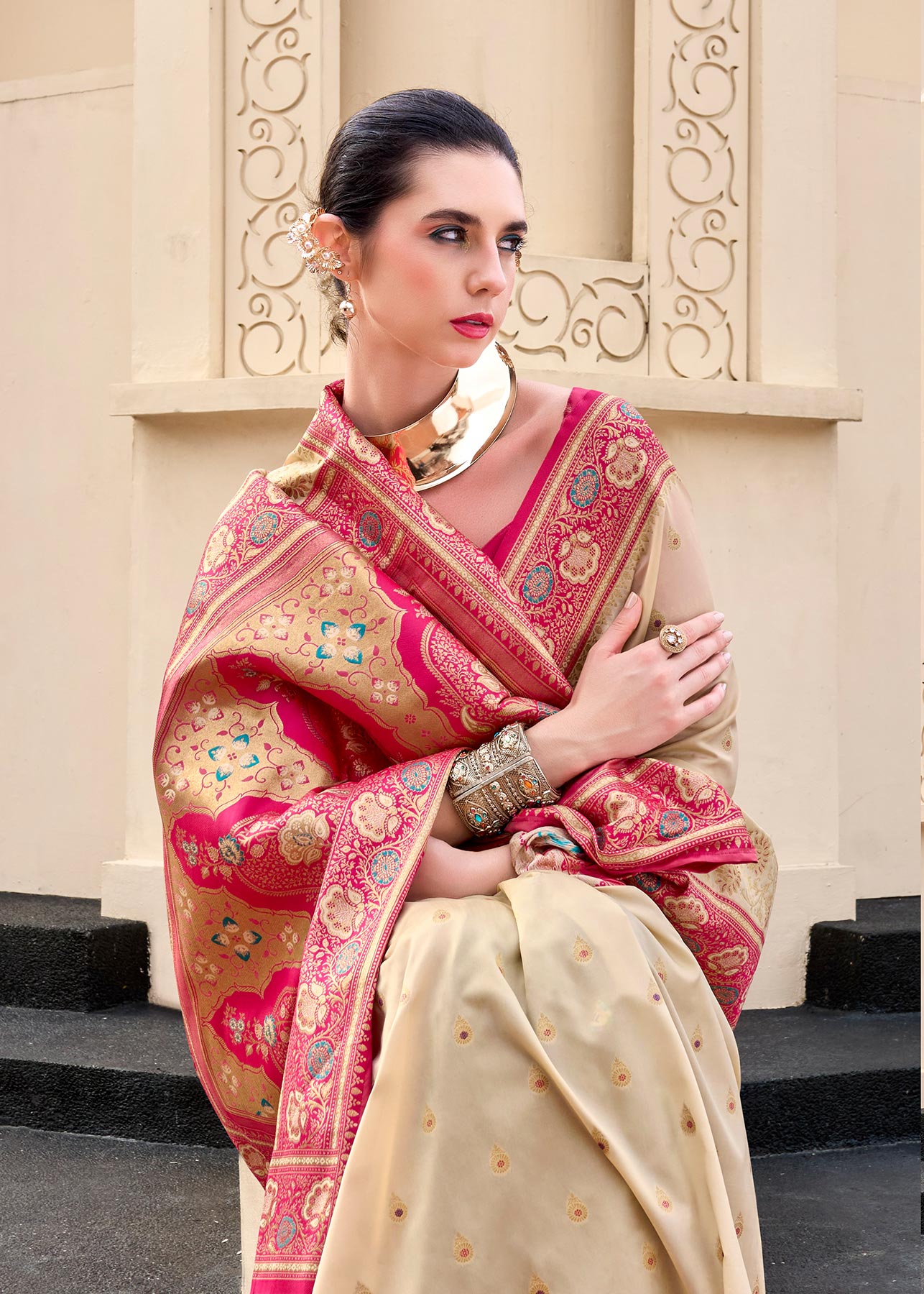 Beige Pure Banarasi Silk Saree with Zari Weaving & Contrast Border