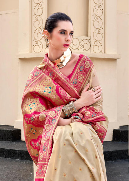 Beige Pure Banarasi Silk Saree with Zari Weaving & Contrast Border
