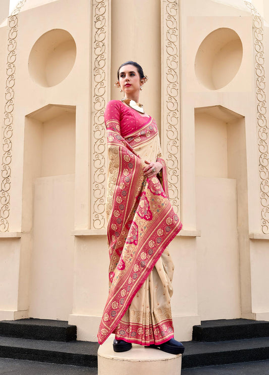 Beige Pure Banarasi Silk Saree with Zari Weaving & Contrast Border