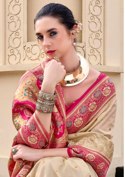 Beige Pure Banarasi Silk Saree with Zari Weaving & Contrast Border
