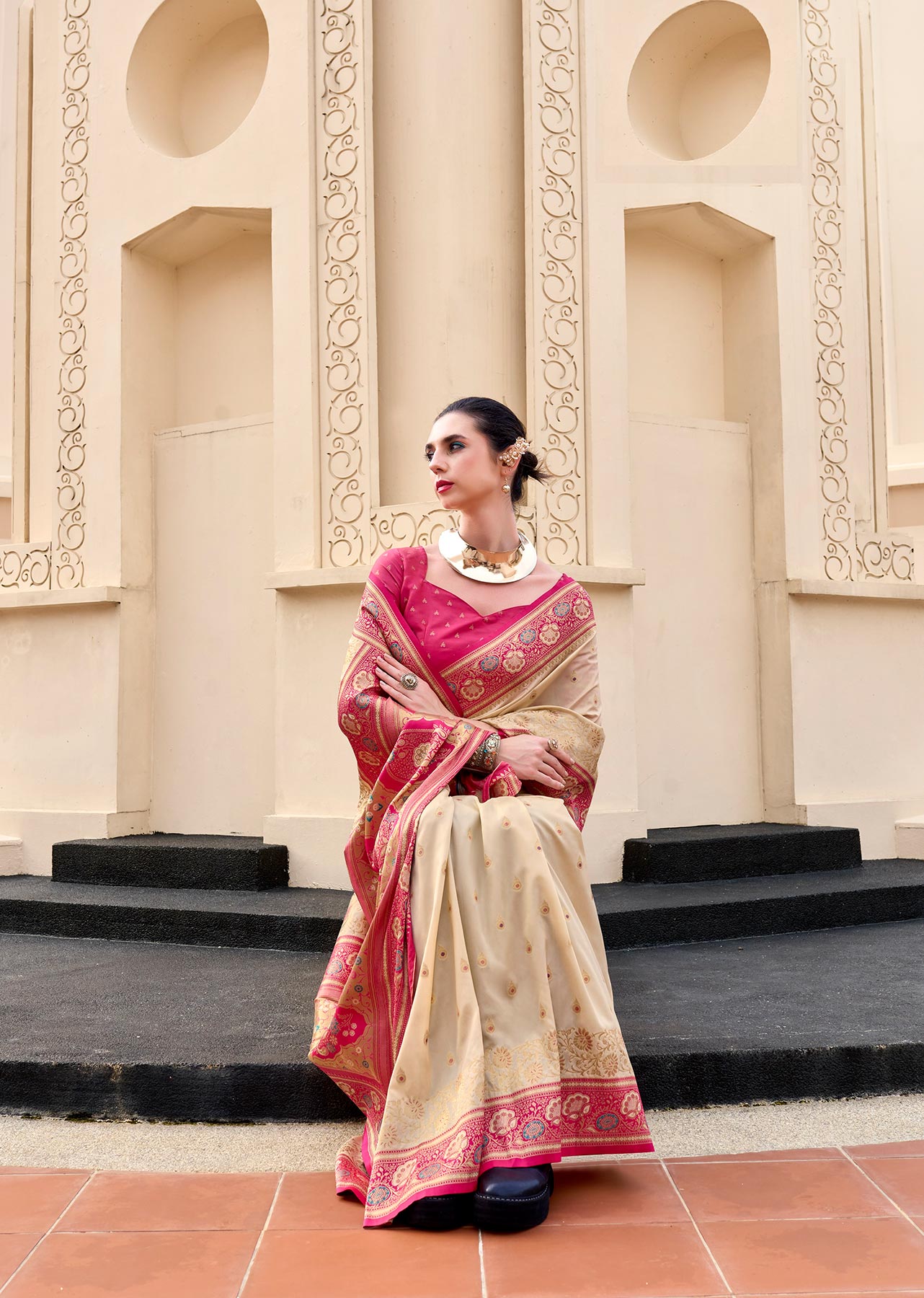 Beige Pure Banarasi Silk Saree with Zari Weaving & Contrast Border