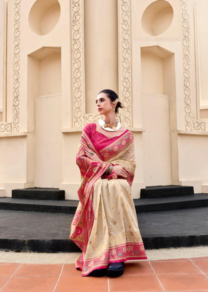 Beige Pure Banarasi Silk Saree with Zari Weaving & Contrast Border