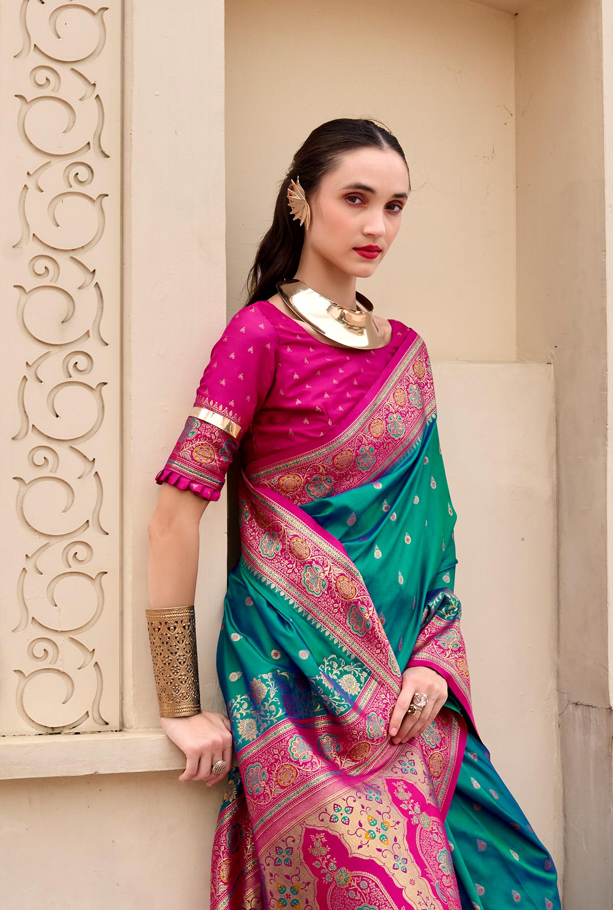 Teal Green Pure Banarasi Silk Saree with Zari Weaving & Contrast Border