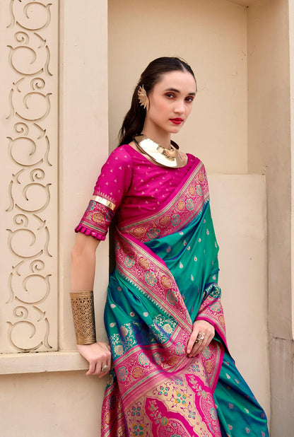Teal Green Pure Banarasi Silk Saree with Zari Weaving & Contrast Border