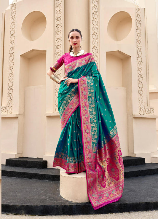 Teal Green Pure Banarasi Silk Saree with Zari Weaving & Contrast Border