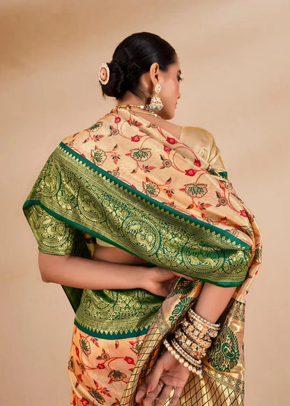 Green Dharmavaram Tissue Silk Saree with Zari Weaving & Contrast Border