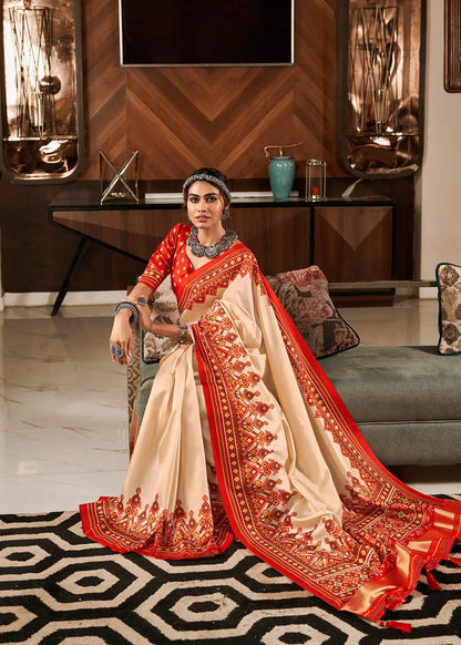 Beige Handloom Silk Saree with Patola Print & Tassel Pallu