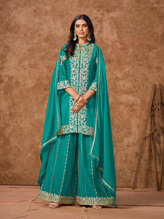 Teal Blue Chinon Palazzo Salwar Suit With Thread & Sequins Embroidery Work