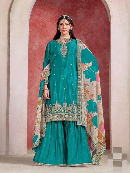 Teal Blue Chinon Silk Sharara Set with Embroidered Top & Taby Silk Dupatta