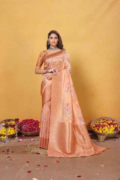 Orange Soft Bamber Weaving Saree with Digital Print & Rich Pallu