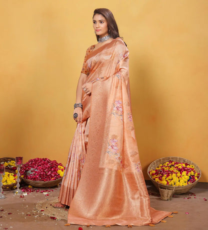 Orange Soft Bamber Weaving Saree with Digital Print & Rich Pallu