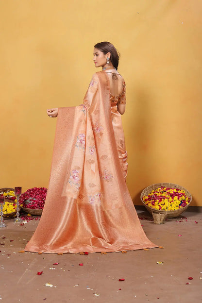 Orange Soft Bamber Weaving Saree with Digital Print & Rich Pallu