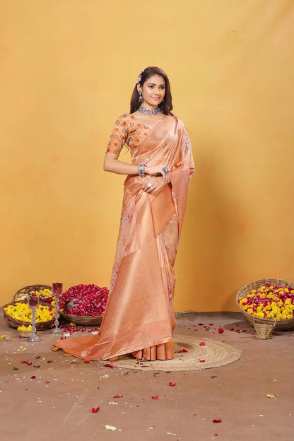 Orange Soft Bamber Weaving Saree with Digital Print & Rich Pallu