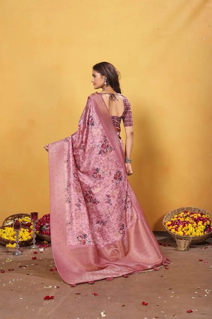 Peach Pink Soft Bamber Weaving Saree with Digital Print & Rich Pallu