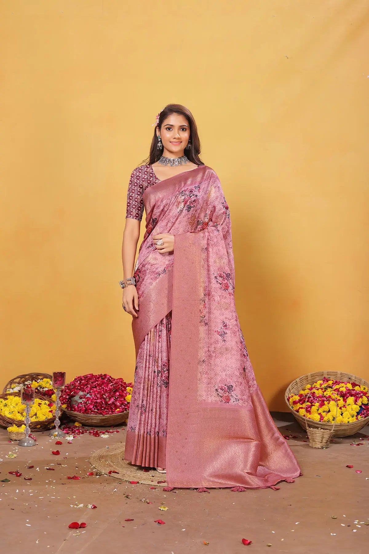 Peach Pink Soft Bamber Weaving Saree with Digital Print & Rich Pallu