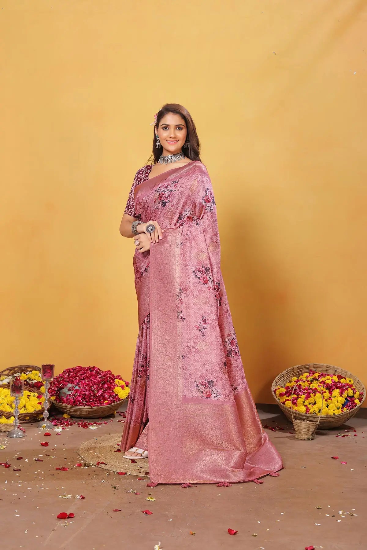 Peach Pink Soft Bamber Weaving Saree with Digital Print & Rich Pallu