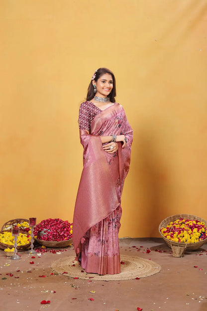 Peach Pink Soft Bamber Weaving Saree with Digital Print & Rich Pallu