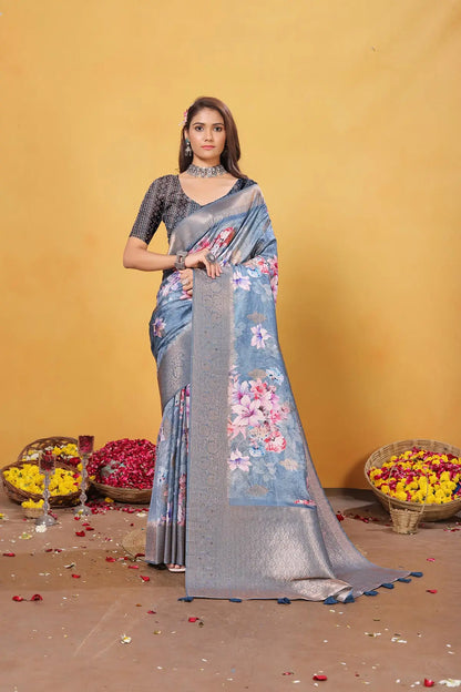 Sky Blue Soft Bamber Weaving Saree with Digital Print & Rich Pallu