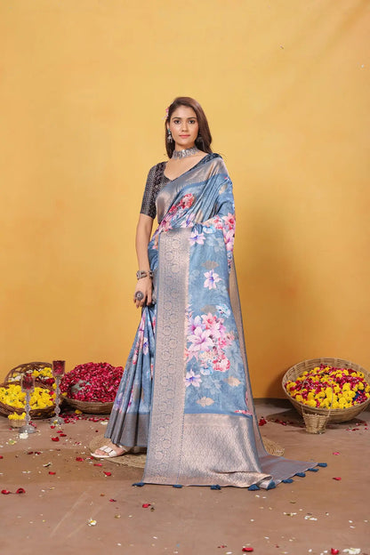 Sky Blue Soft Bamber Weaving Saree with Digital Print & Rich Pallu
