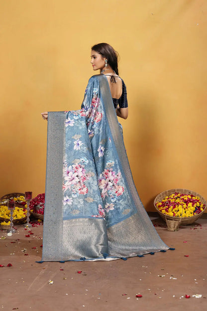 Sky Blue Soft Bamber Weaving Saree with Digital Print & Rich Pallu