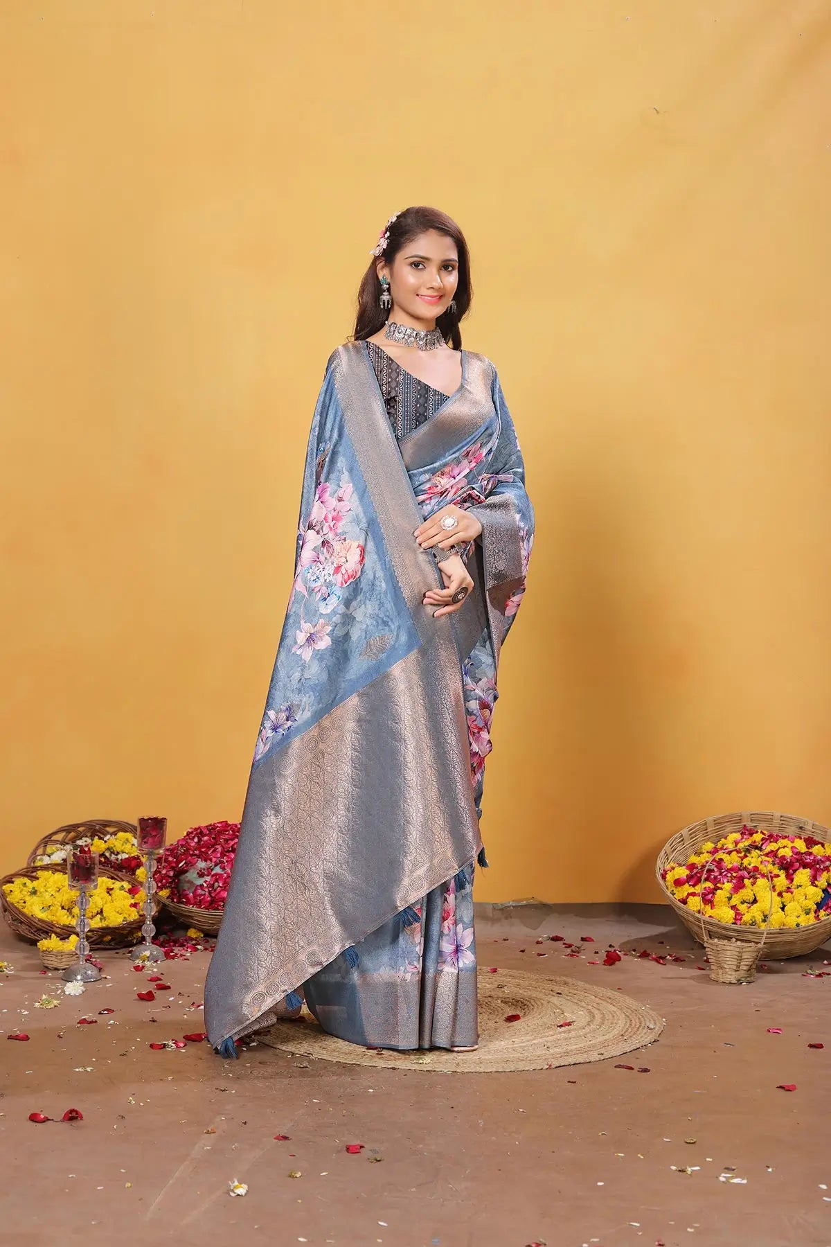 Sky Blue Soft Bamber Weaving Saree with Digital Print & Rich Pallu