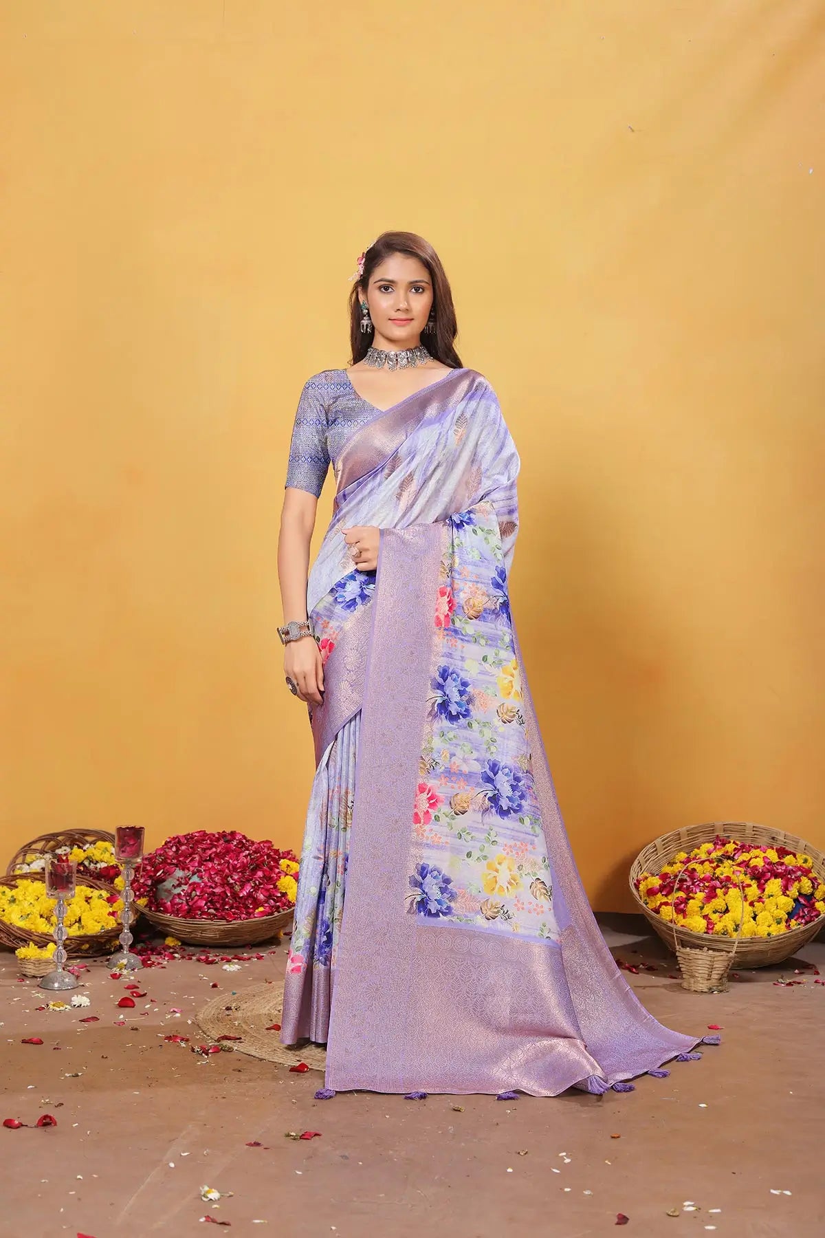 Lavender Soft Bamber Weaving Saree with Digital Print & Rich Pallu