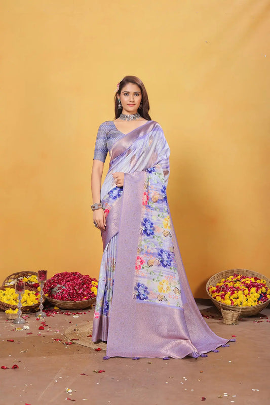 Lavender Soft Bamber Weaving Saree with Digital Print & Rich Pallu