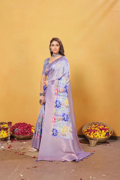 Lavender Soft Bamber Weaving Saree with Digital Print & Rich Pallu