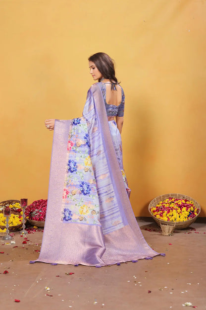 Lavender Soft Bamber Weaving Saree with Digital Print & Rich Pallu