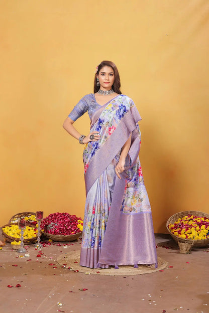 Lavender Soft Bamber Weaving Saree with Digital Print & Rich Pallu